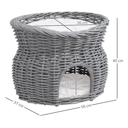 The grey wicker cat house with dimensions shown for height and width