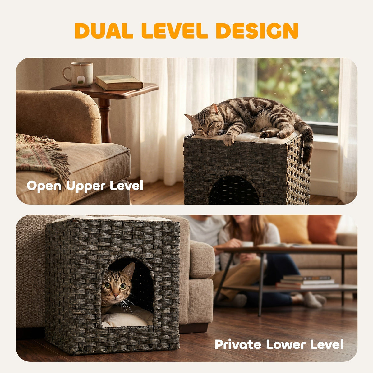 This two-tier cat house shows an open upper level and a private lower level for cats
