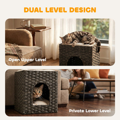 This two-tier cat house shows an open upper level and a private lower level for cats