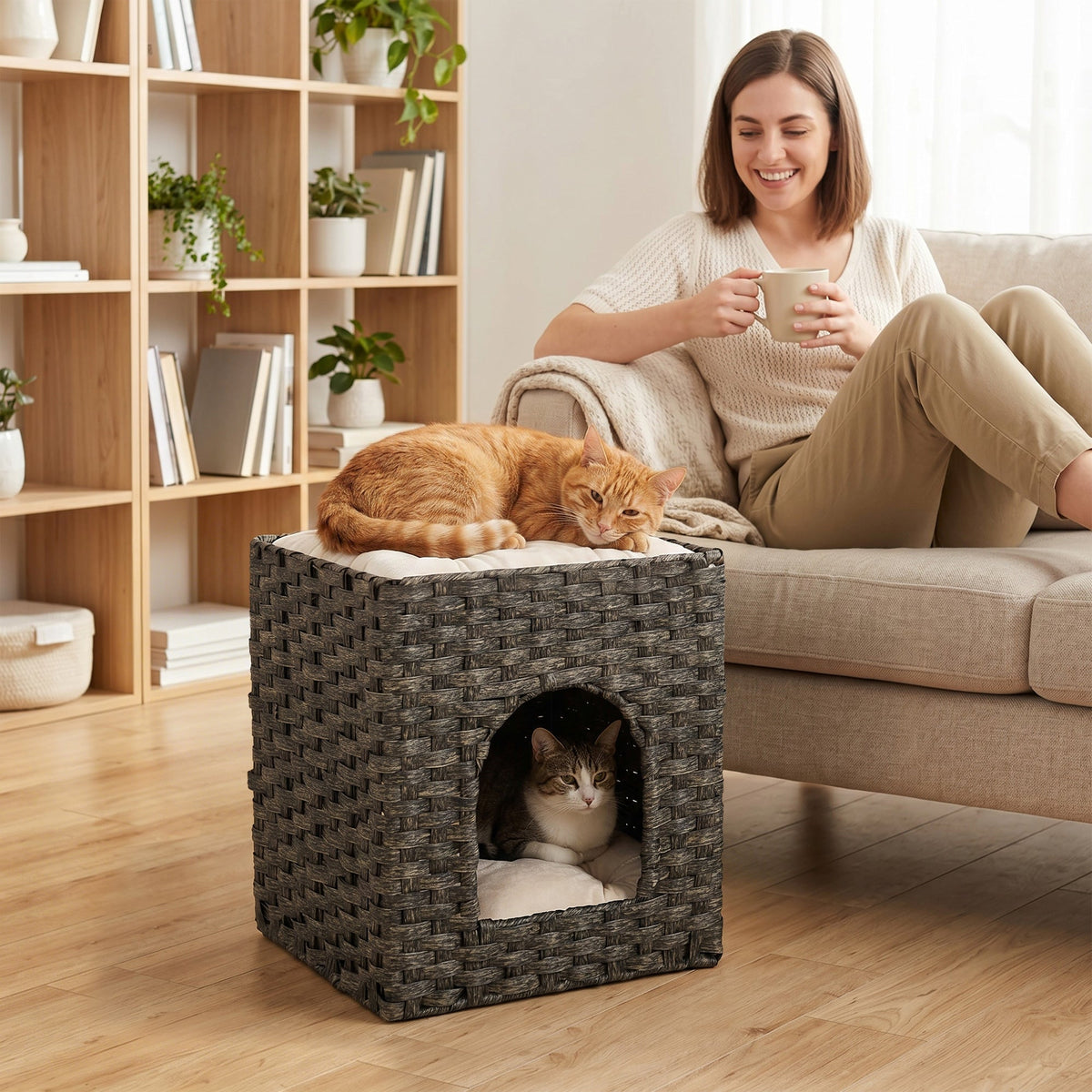 A ginger cat rests on top of the cat condo while a tabby cat sits inside the lower level