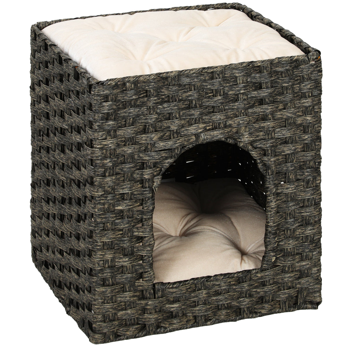 PawHut 2-Tier Wicker Cat House, a cube-shaped rattan cat bed with a hole on the front and cushions