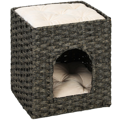 PawHut 2-Tier Wicker Cat House, a cube-shaped rattan cat bed with a hole on the front and cushions