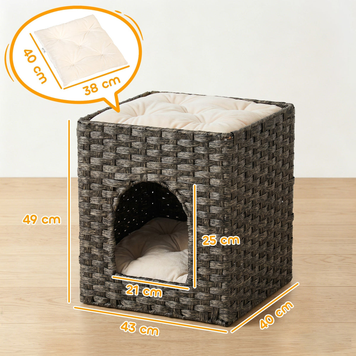 A wicker cat house showing dimensions for height, width, and depth with cushion measurements