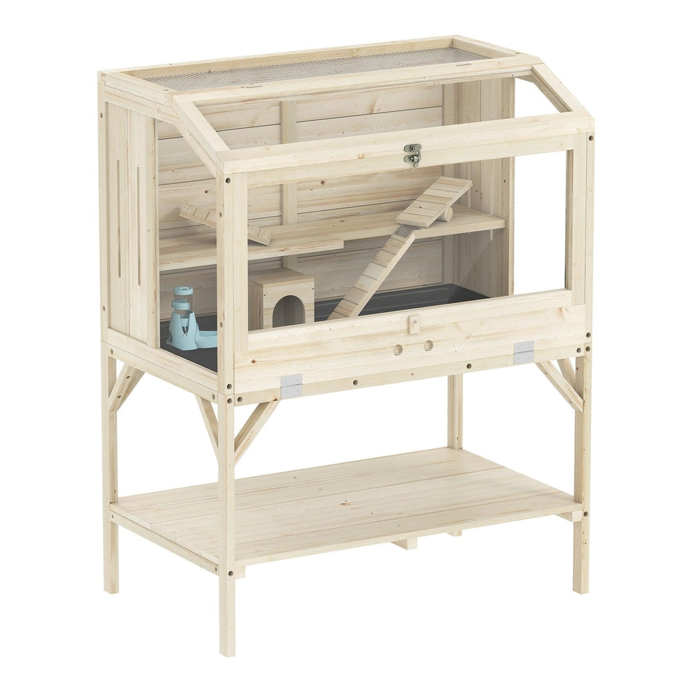 PawHut 2 Tier Wooden Hamster Cage with shelf and openable top, a natural wood structure with glass front