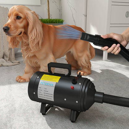 The dog grooming dryer in use drying a spaniel's fur