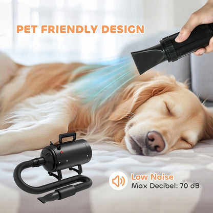 The dog grooming dryer drying a sleeping golden retriever
