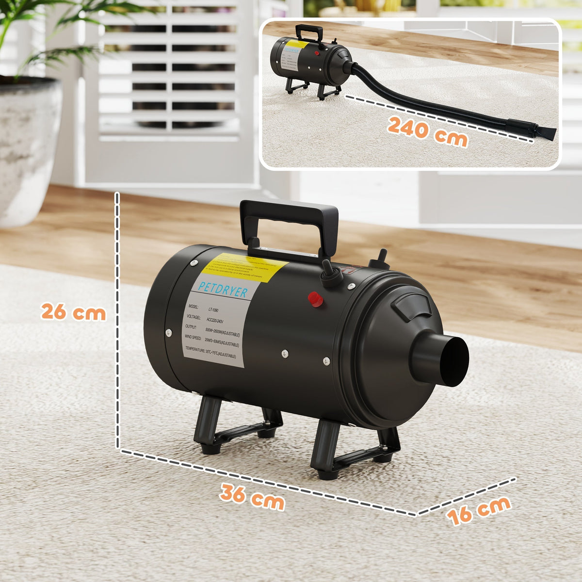 The dog grooming dryer with dimensions marked on the floor
