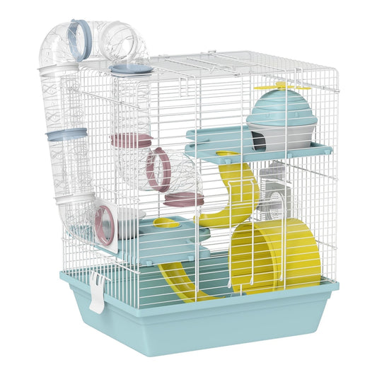 PawHut 3-Level Hamster Cage with Exercise Wheel, a blue plastic base and white wire frame