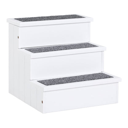 PawHut 3 Step Wooden Dog Steps Pet Stairs in white with grey carpet treads