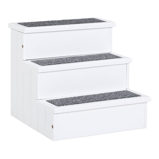 PawHut 3 Step Wooden Dog Steps Pet Stairs in white with grey carpet treads