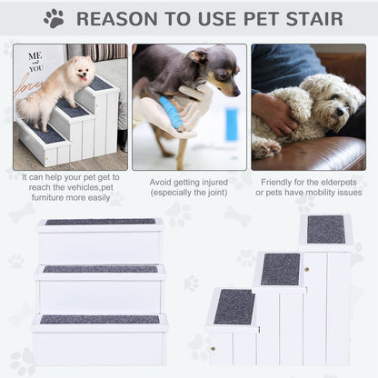 Three white pet stairs with grey carpet treads shown in different settings