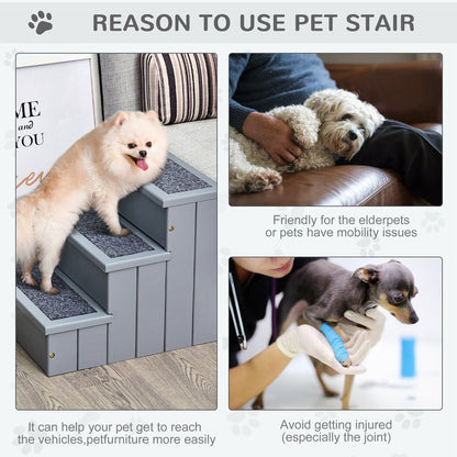 Two dogs using the grey three-step pet stair, one going up and one resting on a sofa