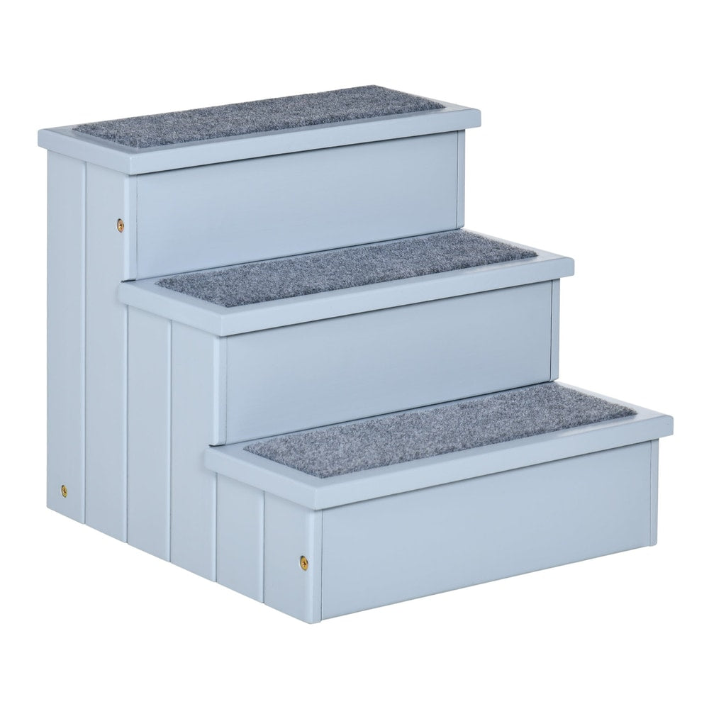 PawHut 3 Step Wooden Dog Steps Pet Stairs, a grey three-step pet stair with carpeted treads