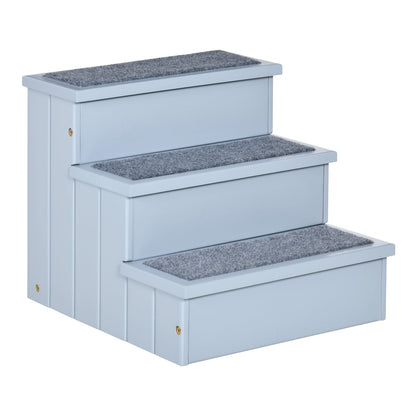 PawHut 3 Step Wooden Dog Steps Pet Stairs, a grey three-step pet stair with carpeted treads
