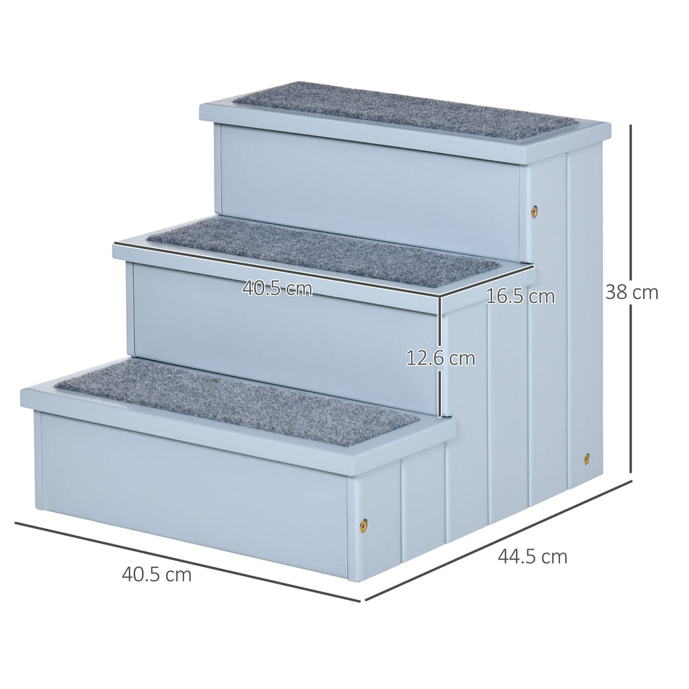 Grey three-step pet stair with dimensions shown for height and width