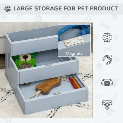 Open storage drawers on the grey three-step pet stair, showing pet toys inside