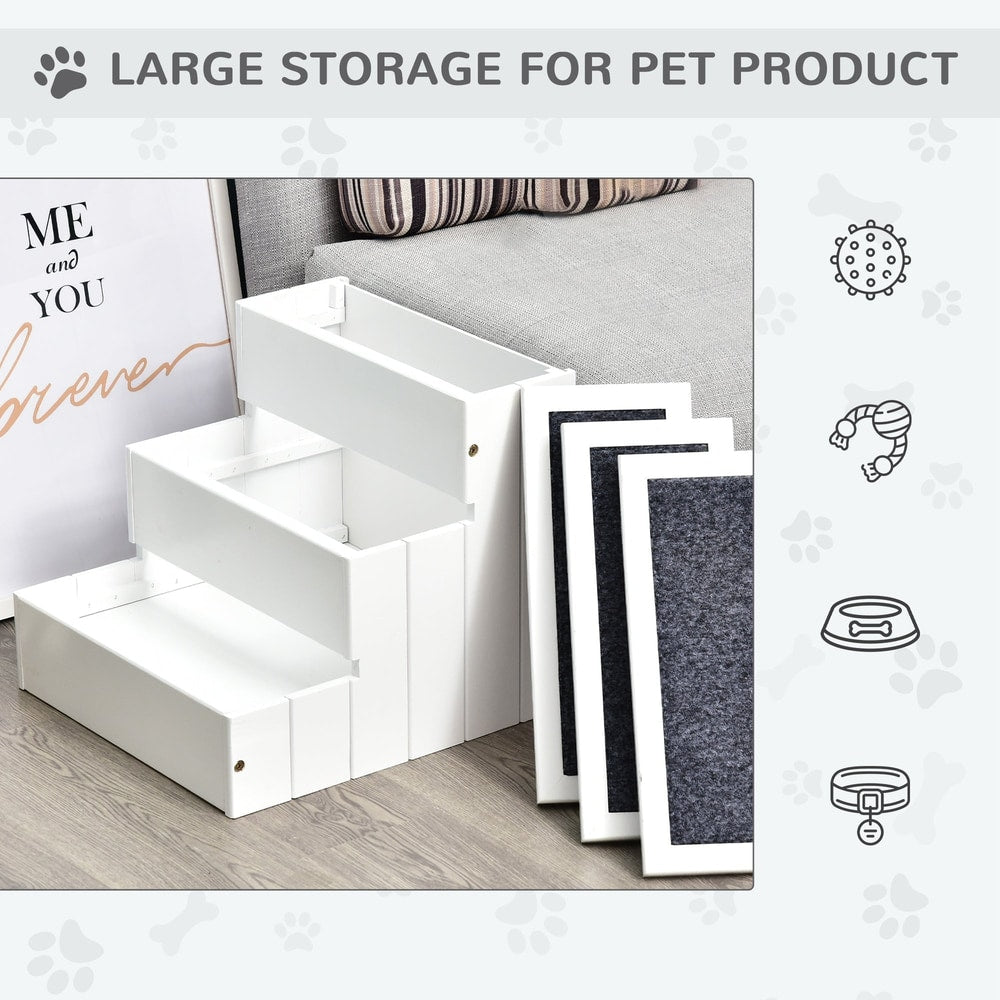 White three-step pet stairs with a large storage compartment shown