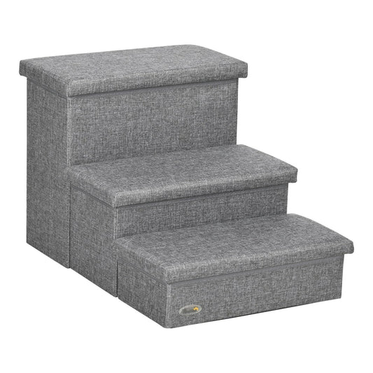 PawHut 3 Steps Pet Stairs in grey fabric, a three-tier step for pets to climb onto furniture
