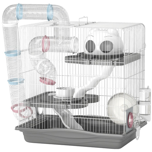 PawHut 3-Tier Hamster Cage with Exercise Wheels, a grey plastic base and white wire frame with tubes and accessories