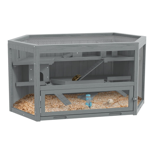 PawHut 3 Tier Wooden Large Hamster Cage with ramps and a water bottle inside