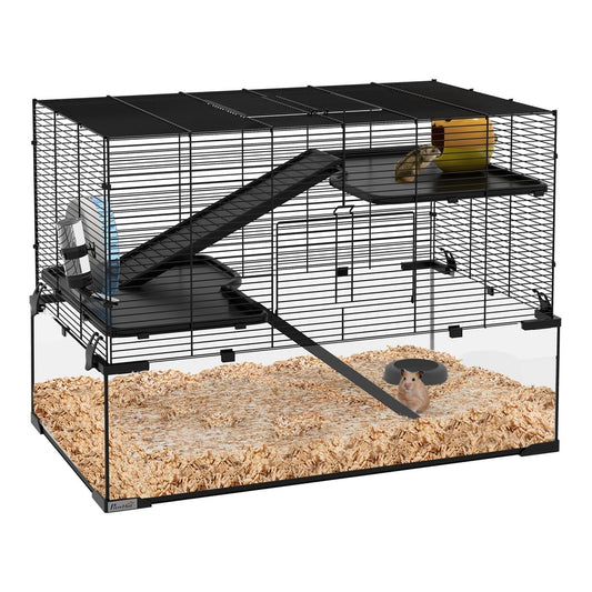 PawHut 3 Tiers Hamster Cage with ramps, platforms, exercise wheel, and a hamster inside
