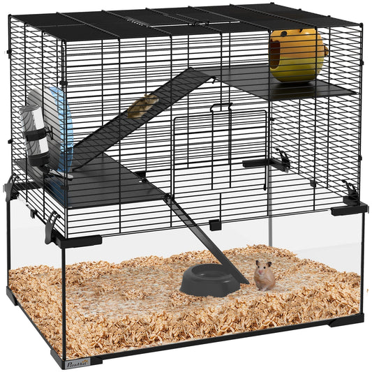 PawHut 3 Tiers Hamster Cage with a hamster inside, showing the deep glass bottom and accessories