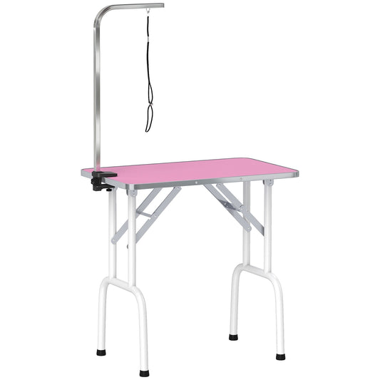 PawHut 32" Foldable Dog Grooming Table with a pink surface and a metal grooming arm