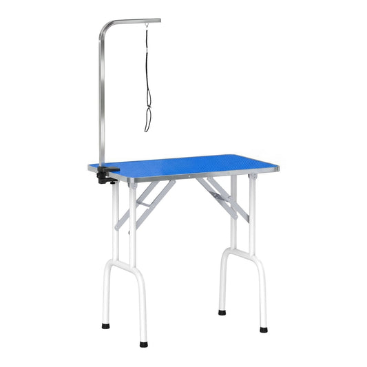 PawHut 32" Foldable Dog Grooming Table with adjustable fixed arm and rubber top, blue surface