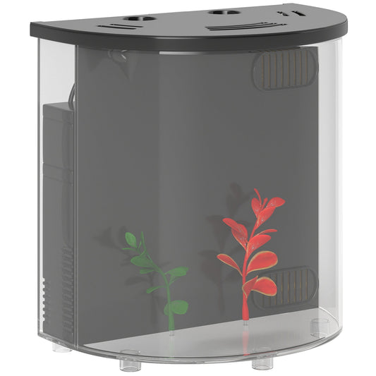 PawHut 3L Small Fish Tank with Filter System, a black curved aquarium with two small artificial plants inside