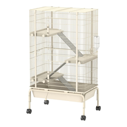 PawHut 4-Level Rolling Small Animal Cage with beige wire frame and internal platforms on wheels