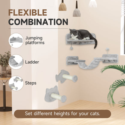 Cat wall shelves with steps, ladder and platforms shown as flexible combination