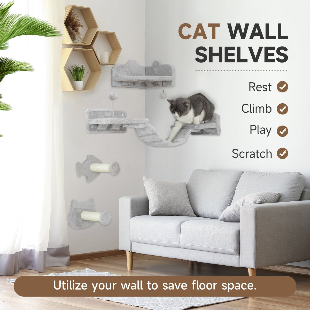 Cat wall shelves with steps and a cat on a platform in a room