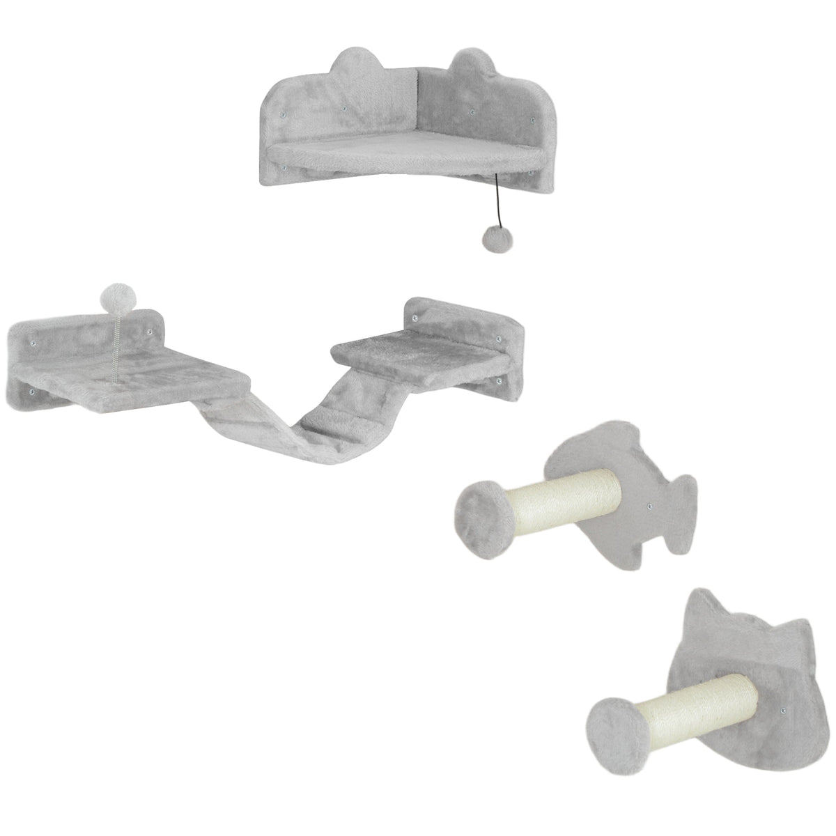 PawHut 4-Piece Cat Wall Shelves with Steps, ladder, platforms and scratching posts in light grey