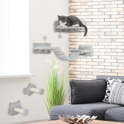 Cat wall shelves with steps and a cat resting on a platform in a living room
