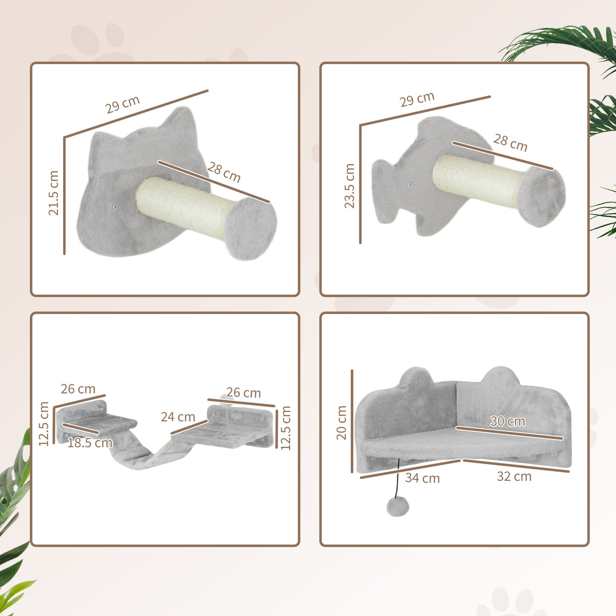 Dimensions of the cat wall shelves with steps and scratching posts
