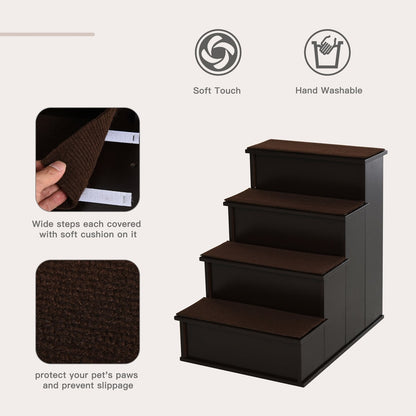 Close up of the carpeted treads on the wooden pet steps and soft touch feature