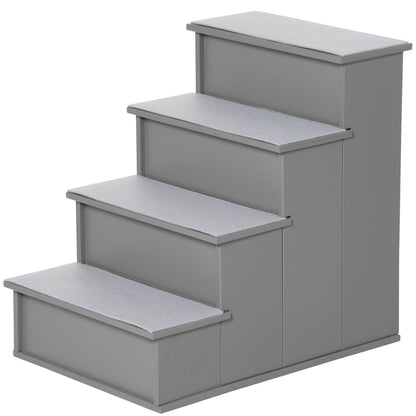 PawHut 4 Step Wooden Dog Steps Pet Stairs in grey, showing all four steps and the side profile