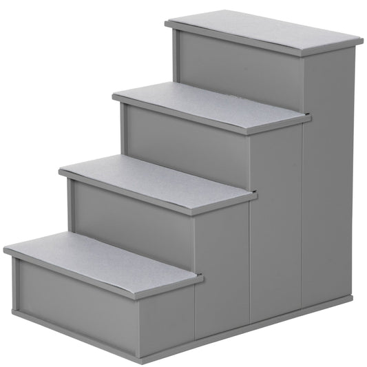 PawHut 4 Step Wooden Dog Steps Pet Stairs in grey, showing all four steps and the side profile