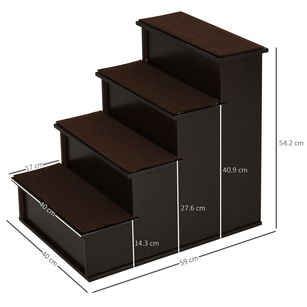 The dark brown wooden pet steps with dimensions shown for height and width