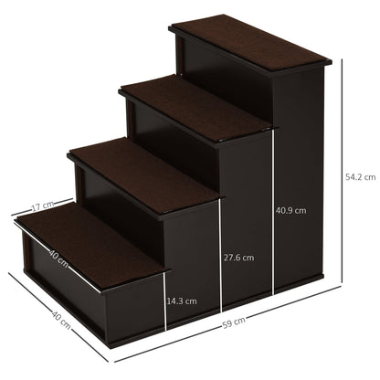 The dark brown wooden pet steps with dimensions shown for height and width