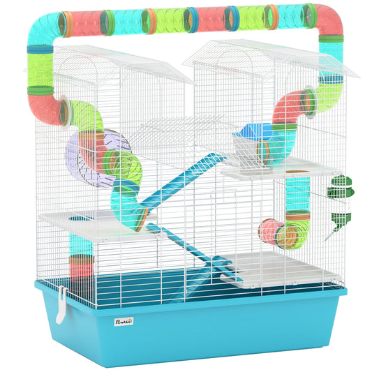 PawHut 4 Tier Hamster Cage w/ Tubes, a light blue plastic base and white wire cage with colourful tubes and accessories