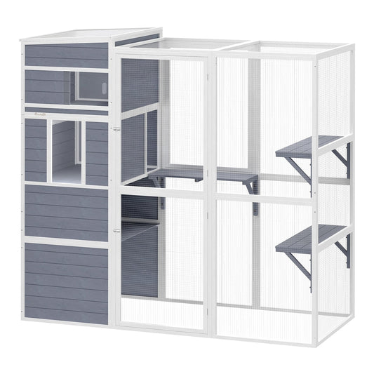 PawHut 4-Tier Wooden Catio Cat Outdoor Enclosure with resting rooms and platforms