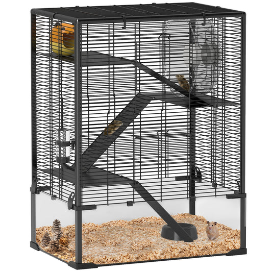 PawHut Four-Tier Hamster Cage with Deep Tempered Glass Bottom, a tall black metal cage with multiple levels and accessories