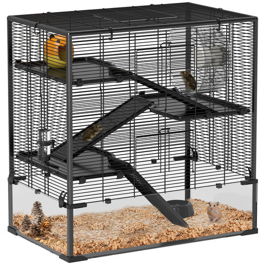 PawHut Four-Tier Hamster Cage with Deep Tempered Glass Bottom showing internal platforms and ramps