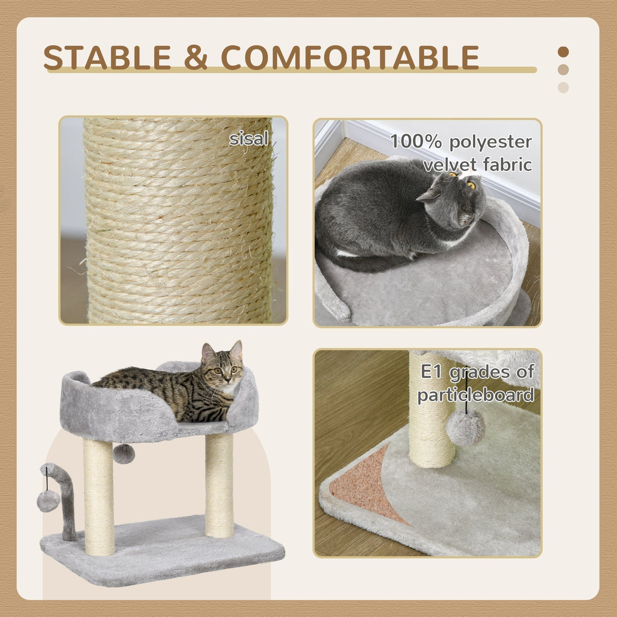 The cat tree shown in a collage highlighting the sisal texture, soft fabric and sturdy base