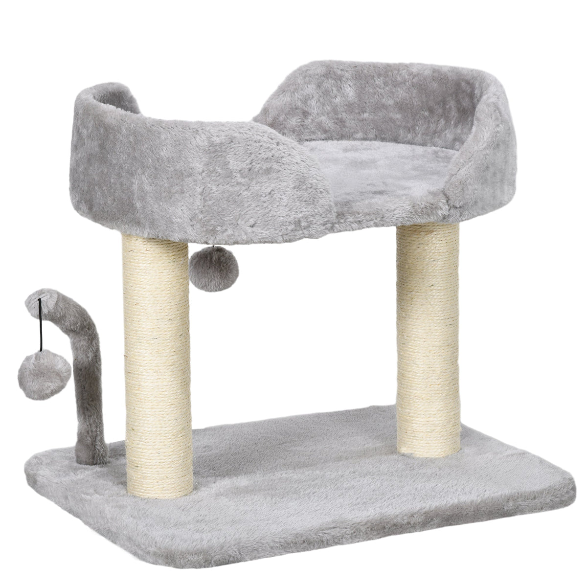 PawHut 42cm Indoor Cat Tree with a plush grey bed, two scratching posts and hanging toy balls