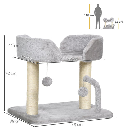The cat tree shown with technical lines and labels indicating the dimensions of the unit