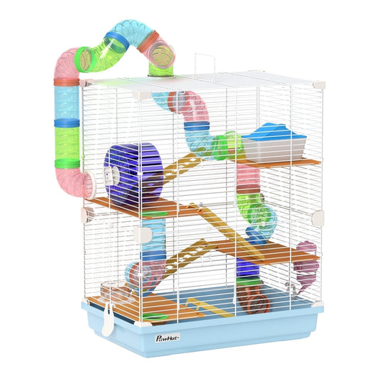 PawHut 5 Tier Hamster Cage Carrier Habitat with exercise wheels, tunnel, light blue