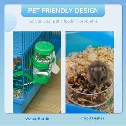 The hamster cage accessories showing a water bottle and a food dish with a hamster