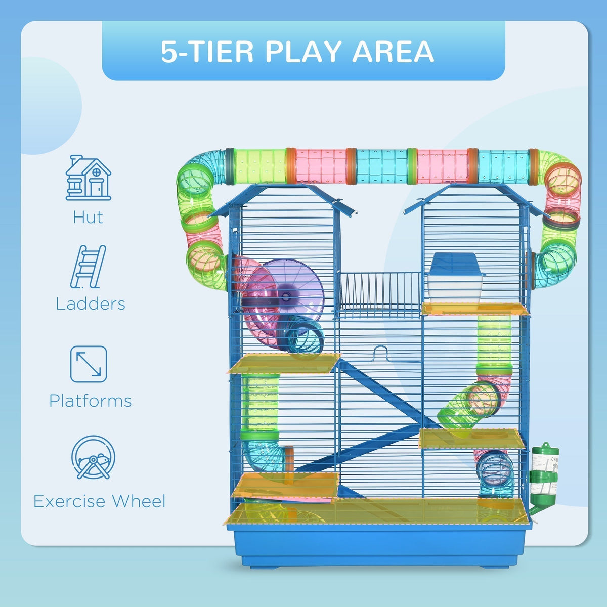 The hamster cage highlighting the five levels and included play accessories